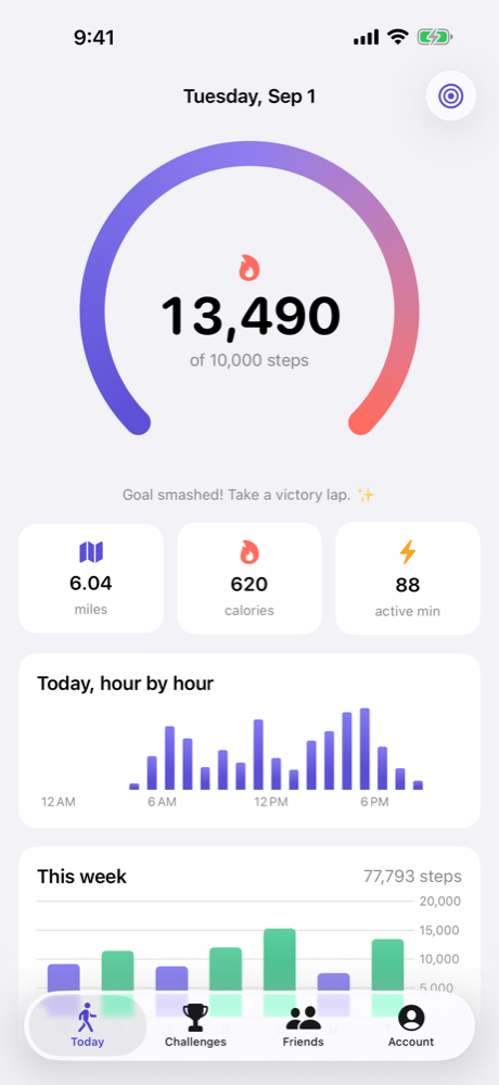 The Today screen: a goal ring showing 13,490 steps, with distance, calories, active minutes, and charts for the day and week.