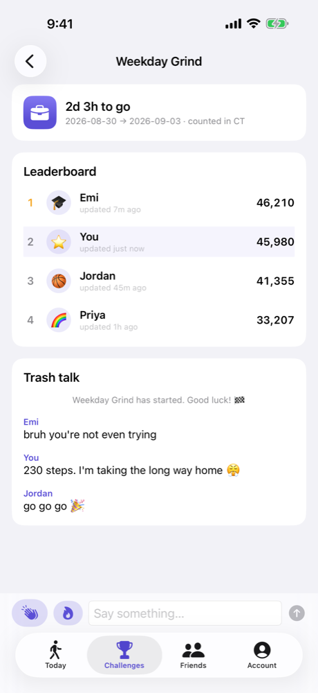 A challenge leaderboard with four friends separated by a few hundred steps, and a chat thread underneath.