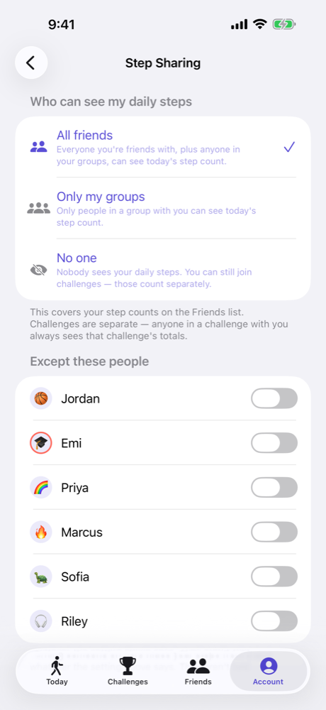 Step sharing settings: choose whether all friends, only groups, or nobody sees your daily steps, with per-person exceptions.